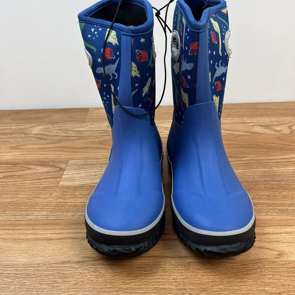 K Komforme Big Boys Size 2 Blue Neoprene Rain Boots Waterproof‎ Dinosaurs NEW